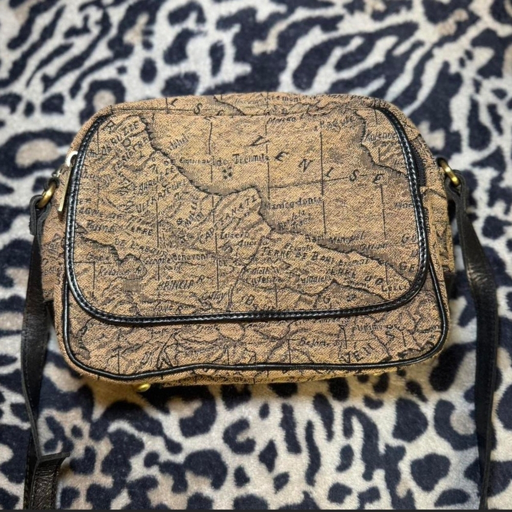 Patricia Nash Tan Map-Print Crossbody with Black Trim
